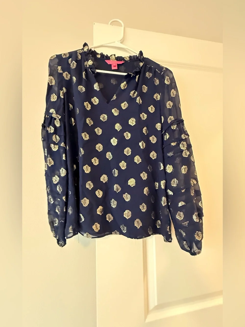 Lilly Pulitzer Navy Blouse with Gold Foil Motif